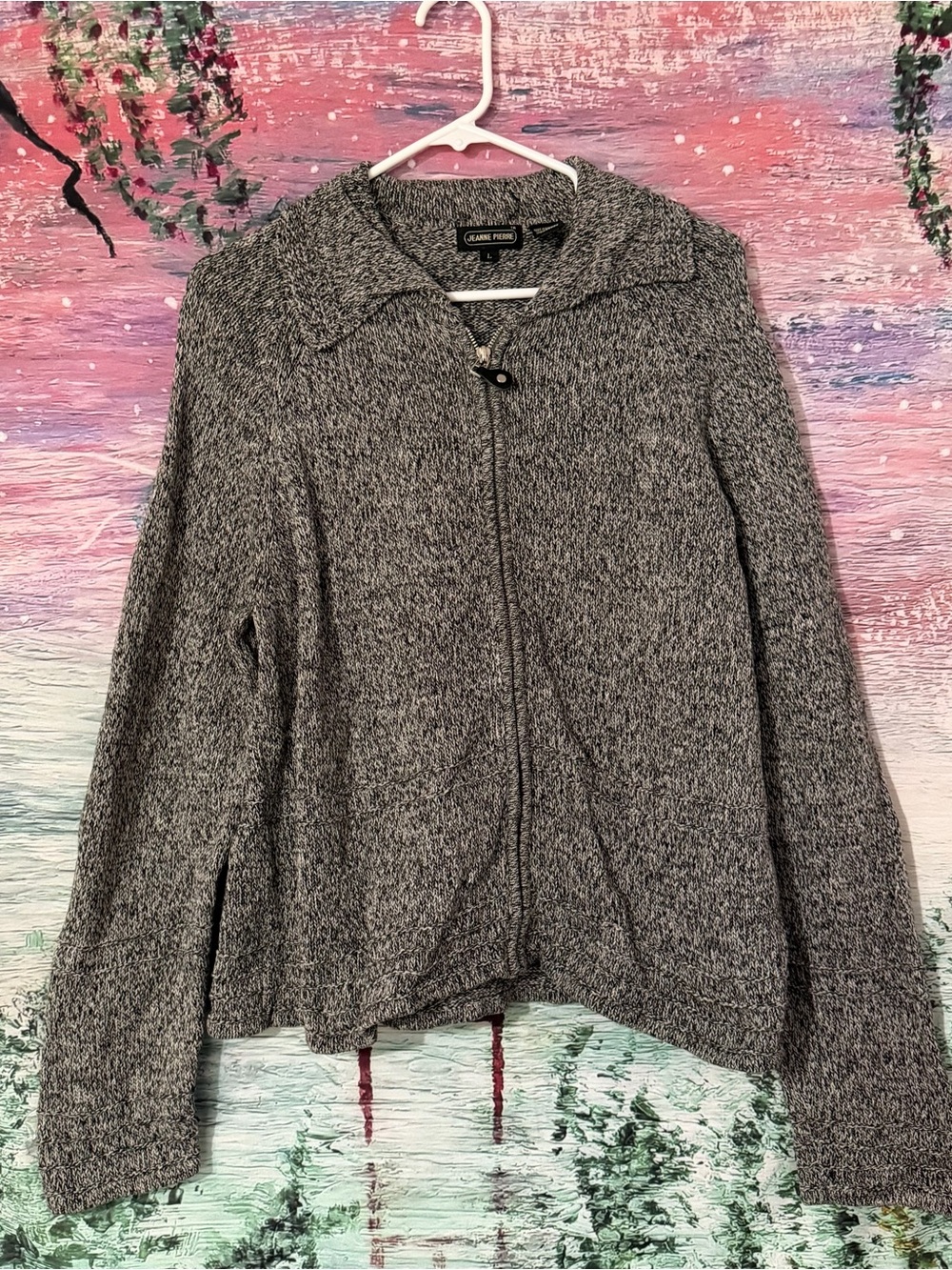 JEANNE PIERRE Gray Marled Zip-Front Women's Cardigan